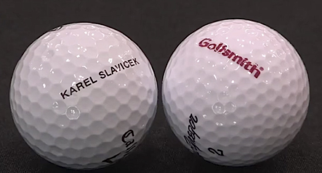 Screenshot from Golfsmith product video showing golfers and golf cart on golf course.
