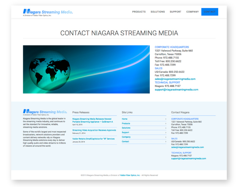 Image of Niagara Streaming Media Website’s Contact page