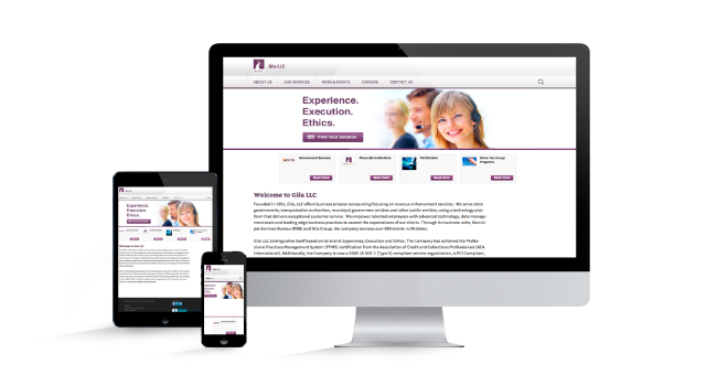 Mockup of phone, tablet and desktop of Gila website.