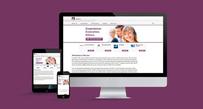 Responsive mockup of Gila Corp Website, showing desktop, tablet and phone views