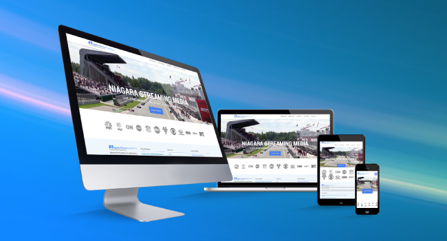 Image of Niagara Streaming Media Website mocked up on desktop computer screen, tablet screen and phone screen.