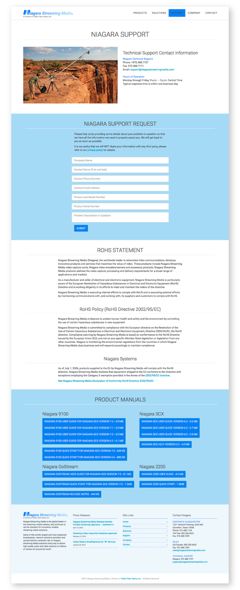 Image of Niagara Streaming Media Website’s Support page
