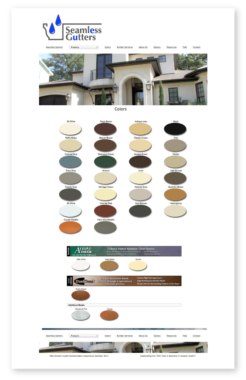 Screenshot of Seamless Gutter Austin Website, Colors page